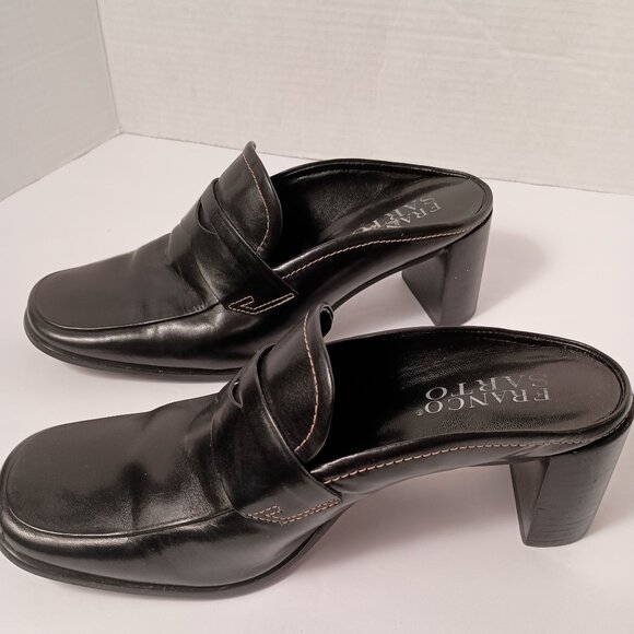 Franco Sarto Black Leather Penny Loafer Mules, 3" Block Heel Size 8.5 - Picture 2 of 10